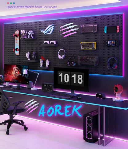 RGB Gaming Pegboard Wall Organizer with Metal Panels and Hooks, 12x24 Setup